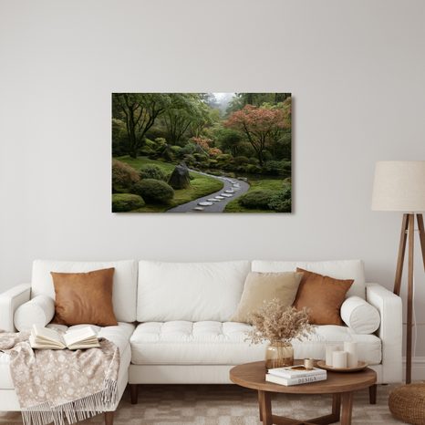 TABLEAU SUR TOILE – JARDIN JAPONAIS AVEC ALLÉE DE PIERRE - TABLEAUX ARBRES ET FEUILLES - TABLEAUX