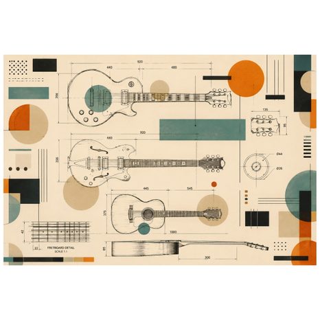 SELBSTKLEBENDE TAPETE GITARRENSKIZZEN IM RETRO-STIL - MUSIK FOTOTAPETEN - TAPETEN