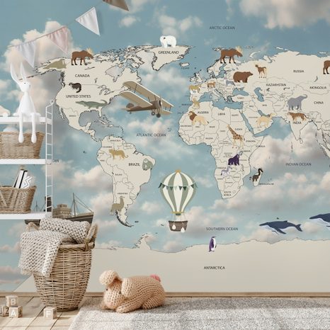 SAMOLEPÍCÍ TAPETA ILUSTROVANÁ MAPA SVĚTA S BALÓNKY - DĚTSKÉ TAPETY - TAPETY