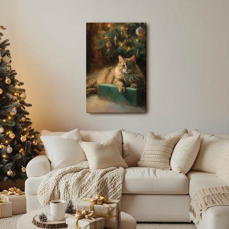 OBRAZ SVÁTEČNÍ ATMOSFÉRA S KOČKOU - VÁNOČNÍ A ZIMNÍ OBRAZY - OBRAZY