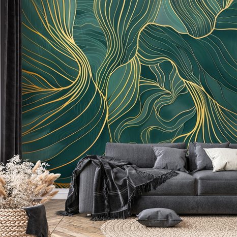 TAPETA ZLATNE LINIJE NA SMARAGDNOJ TEKSTURI - APSTRAKTNE TAPETE - TAPETE