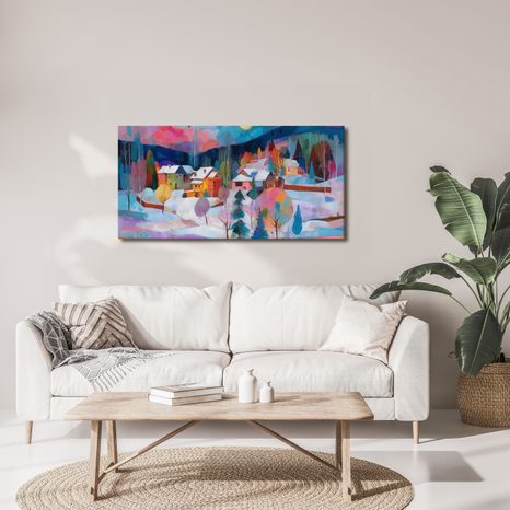 OBRAZ KOUZELNÁ ZIMNÍ VESNICE - BAREVNÉ DOMY - OBRAZY