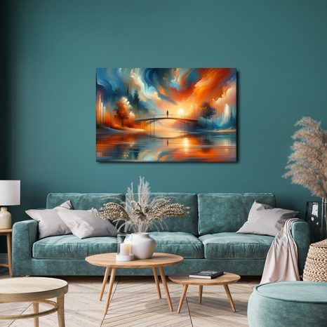 WANDBILD SILHOUETTE AUF BRÜCKE BEI SONNENUNTERGANG - BILDER VON SONNENAUFGANG UND SONNENUNTERGANG - BILDER