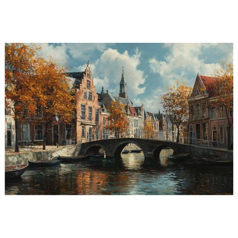 OBRAZ PODZIMNÍ KANÁL S MOSTEM - BAREVNÉ DOMY - OBRAZY