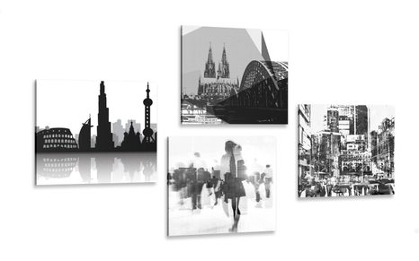 CANVAS PRINT SET URBAN BUSTLE IN BLACK AND WHITE - SET OF PICTURES - PICTURES