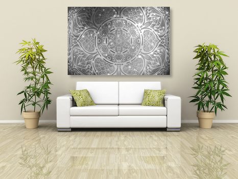 TABLOU MANDALA INDIANĂ CU UN FUNDAL GALACTIC ÎN ALB ȘI NEGRU - TABLOURI ALB-NEGRU - TABLOURI