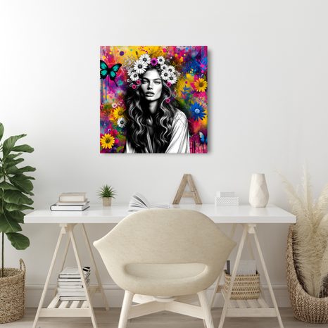 WANDBILD MÄDCHEN MIT SCHMETTERLINGEN UND BLUMEN - WANDBILDER FRAUEN - BILDER