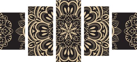 TABLOU 5-PIESE MANDALA PE UN FUNDAL NEGRU - TABLOURI FENG SHUI - TABLOURI