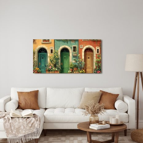 OBRAZ ROMANTICKÉ DVEŘE A KVĚTINY - BAREVNÉ DOMY - OBRAZY