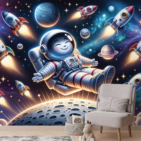 FOTOTAPETA VESELI ASTRONAUT MEĐU RAKETAMA - DJEČJE TAPETE - TAPETE