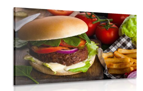 CANVAS PRINT HAMBURGER WITH FRIES - PICTURES OF FOOD AND DRINKS - PICTURES