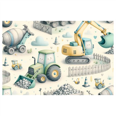 WANDBILD FRÖHLICHE BAUSTELLENFAHRZEUGE - KINDERBILDER VERKEHRSMITTEL - BILDER