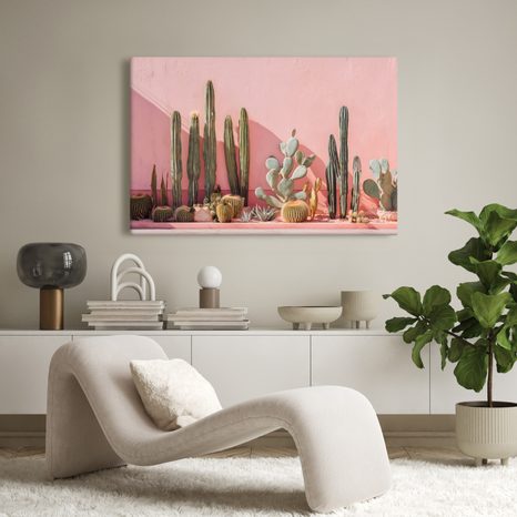 OBRAZ KAKTUSY NA RŮŽOVÉ ZDI - BOTANICKÉ OBRAZY - OBRAZY