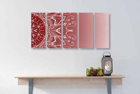 5-DÍLNÝ OBRAZ BÍLÁ MANDALA NA BORDÓ POZADÍ - OBRAZY FENG SHUI - OBRAZY