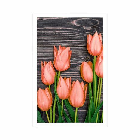 POSTER – TULIPANI ARANCIONI SU SFONDO DI LEGNO - FIORI - POSTER