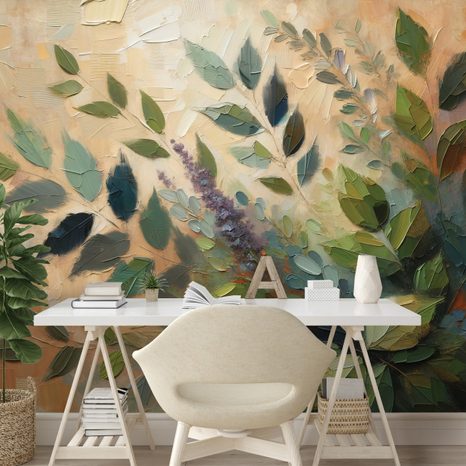 TAPETA MALÍŘSKÉ ZELENÉ LISTY NA BÉŽOVÉM POZADÍ - TAPETY LISTY - TAPETY