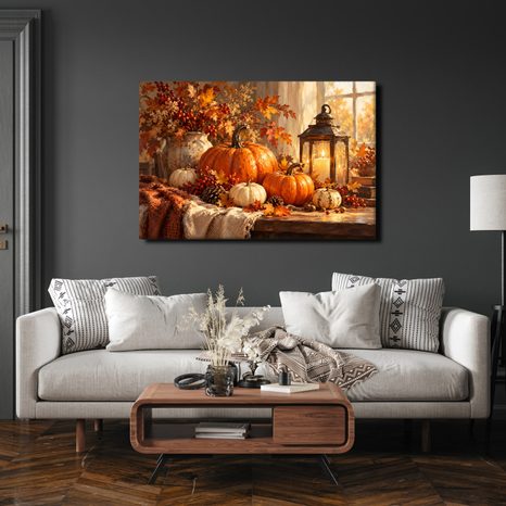 QUADRO SU TELA – ZUCCHE AUTUNNALI E LANTERNA CALDA - QUADRI HALLOWEEN E HORROR - STAMPE E QUADRI