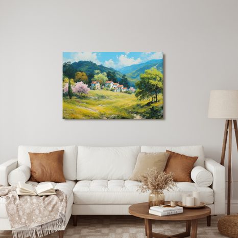 WANDBILD FRÜHLINGSLANDSCHAFT MIT DORF - BUNTE HÄUSER - BILDER