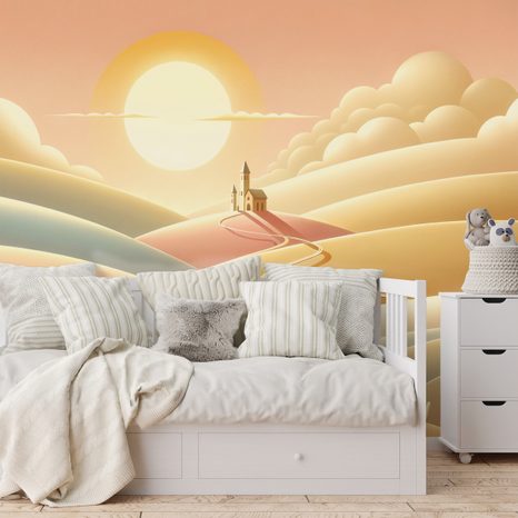 TAPETA PASTELOVÁ KRAJINA S KOSTELEM - TAPETY POLE A LOUKY - TAPETY