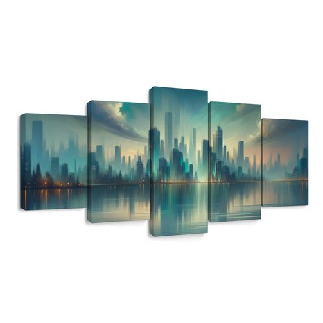 5-DÍLNÝ OBRAZ FUTURISTICKÉ MĚSTO U ŘEKY - OBRAZY MĚSTA - OBRAZY