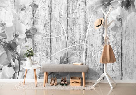 CARTA DA PARATI AUTOADESIVA – NATURA MORTA IN BIANCO E NERO CON SCRITTA - LOVE BEGINS AT HOME - CARTA DA PARATI AUTOADESIVE - CARTA DA PARATI