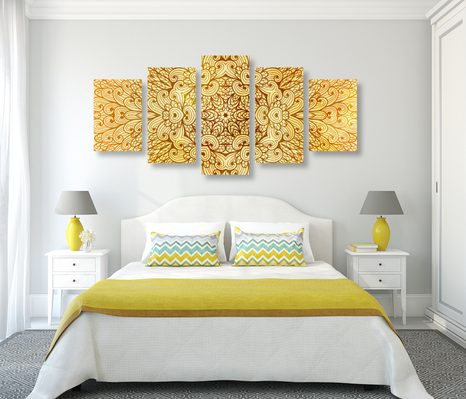 TABLOU 5-PIESE MANDALA ETNICĂ DE AUR - TABLOURI FENG SHUI - TABLOURI