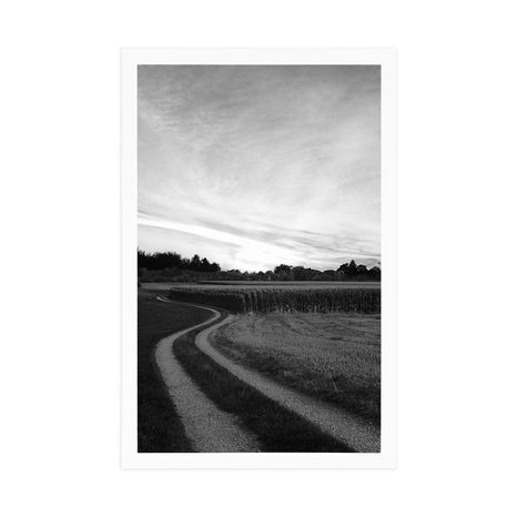 PLAKAT SUNCE U ZALASKU NAD KRAJOLIKOM U CRNO-BIJELOM DIZAJNU - CRNO-BIJELE - PLAKATI