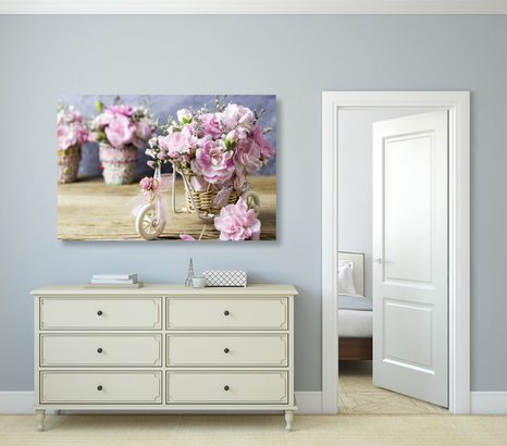 OBRAZ ROMANTICKÝ RŮŽOVÝ KARAFIÁT VE VINTAGE NÁDECHU - VINTAGE A RETRO OBRAZY - OBRAZY