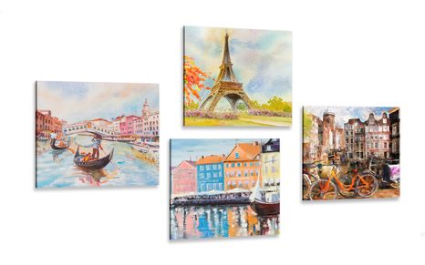 SET OF PICTURES PAINTED CITIES IN PASTEL COLORS