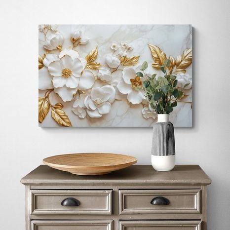 OBRAZ 3D KWIATY ZE ZŁOTYMI LIŚĆMI - OBRAZY KWIATÓW - OBRAZY