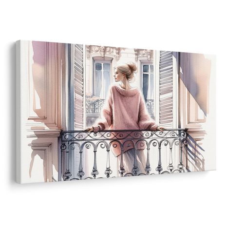 SLIKA DJEVOJKA U RUŽIČASTOM DŽEMPERU NA BALKONU - SLIKE ŽENY - SLIKE