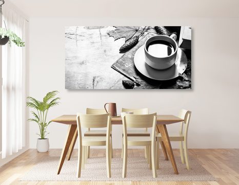 CANVAS PRINT CUP OF COFFEE IN AN AUTUMNAL FEEL IN BLACK AND WHITE - BLACK AND WHITE PICTURES - PICTURES