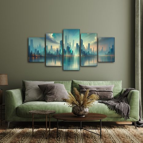 5-DÍLNÝ OBRAZ FUTURISTICKÉ MĚSTO U ŘEKY - OBRAZY MĚSTA - OBRAZY