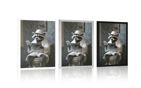 POSTER WASCHBÄR MIT EINER ZEITUNG AUF DEM KLO - TIERE - POSTER