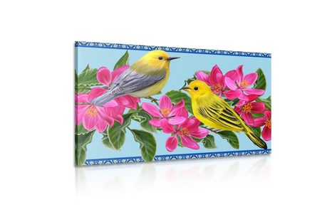 КАРТИНА НА ПЛАТНО – ПТИЧКИ И ЦВЕТЯ ВЪВ ВИНТИДЖ ИЗПЪЛНЕНИЕ - НАТЮРМОРТИ - КАРТИНИ