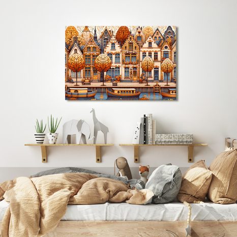 WANDBILD HERBSTLICHE GASSE MIT BOOTEN AM KANAL - BILDER VON STÄDTEN - BILDER