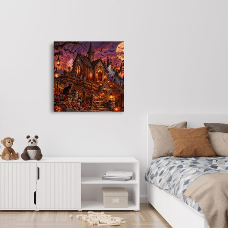 QUADRO SU TELA – CIMITERO DI HALLOWEEN PRESSO LA CAPPELLA - QUADRI HALLOWEEN E HORROR - STAMPE E QUADRI