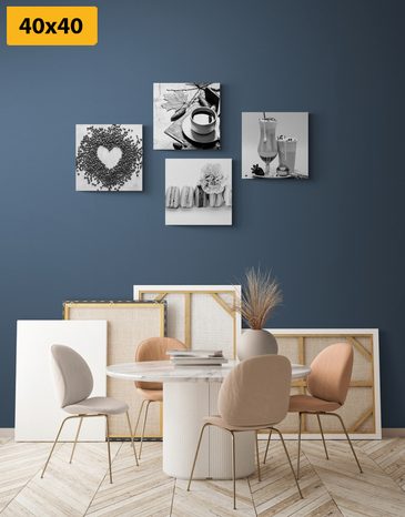 SET OBRAZŮ NÁPOJE SE SLADKÝM POTĚŠENÍM V ČERNOBÍLÉM PROVEDENÍ - SESTAVY OBRAZŮ - OBRAZY