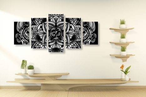 TABLOU 5-PIESE MANDALA SĂNĂTĂȚII ÎN DESIGN ALB-NEGRU - TABLOURI ALB-NEGRU - TABLOURI