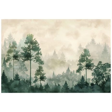 TAPET AUTOADEZIV SILUETE VERZI DE PĂDURE ÎN CEAȚĂ - TAPET PĂDURE - TAPETURI