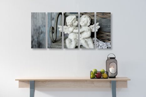 5-TEILIGES WANDBILD STATUE MIT ENGELN AUF DER BANK - BILDER VON ENGELN - BILDER