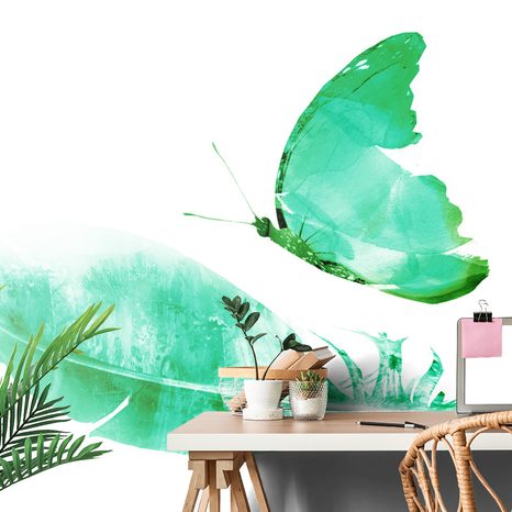 CARTA DA PARATI – PIUMA CON FARFALLA IN STILE VERDE - CARTA DA PARATI IMITAZIONE DI DIPINTI - CARTA DA PARATI