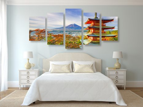 TABLOU 5-PIESE VEDERE LA PAGODA CHUREITO ȘI MUNTELE FUJI - TABLOU NATURĂ ȘI PEISAJE NATURALE - TABLOURI