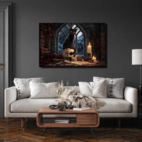 WANDBILD SCHWARZE KATZE AUF EINEM SCHÄDEL - HALLOWEEN- UND HORROR-BILDER - BILDER