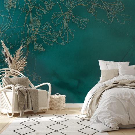 TAPET FLORI AURII PE VERDE SMARALD - TAPET FLORI - TAPETURI