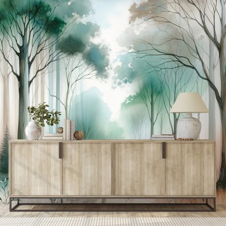 FOTOTAPETE AQUARELLWALD IM NEBEL - TAPETEN WALD - TAPETEN