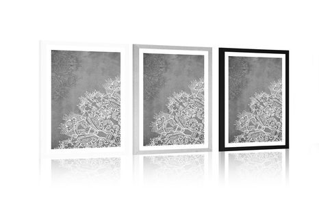 PLAKÁT S PASPARTOU PRVKY KVĚTINOVÉ MANDALY V ČERNOBÍLÉM PROVEDENÍ - FENG SHUI - PLAKÁTY