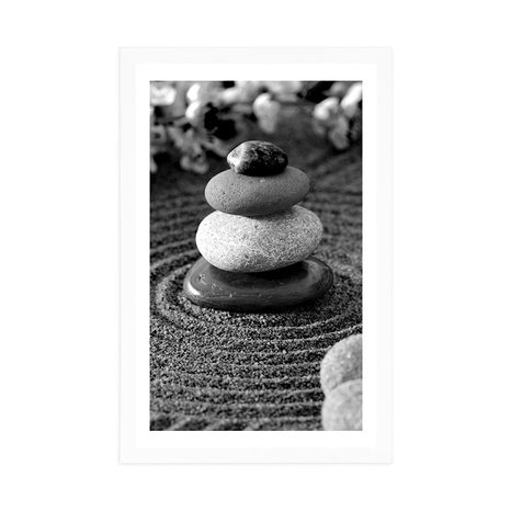 POSTER WITH MOUNT PYRAMID OF ZEN STONES IN BLACK AND WHITE - BLACK AND WHITE - POSTERS