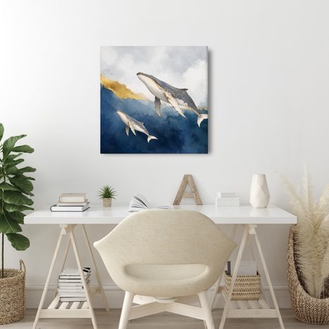 TABLEAU SUR TOILE – COUPLE DE BALEINES DANS L’OCÉAN BLEU - TABLEAUX DE BALEINE - TABLEAUX