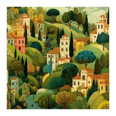 WANDBILD DÖRFLICHE HÄUSER ZWISCHEN BÄUMEN - BUNTE HÄUSER - BILDER